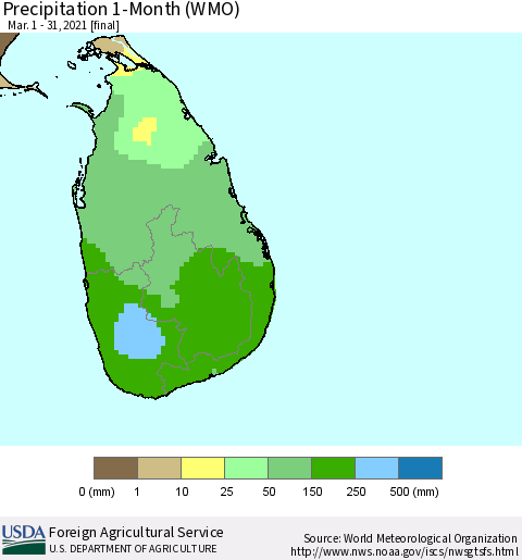 Sri Lanka Precipitation 1-Month (WMO) Thematic Map For 3/1/2021 - 3/31/2021
