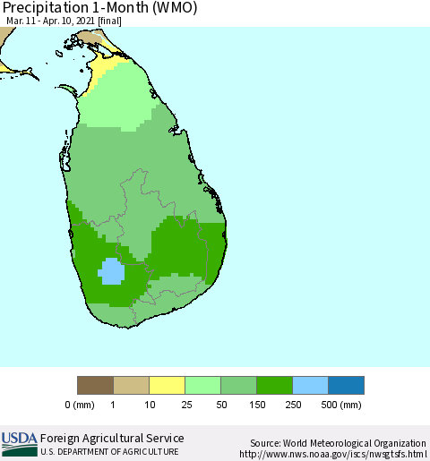 Sri Lanka Precipitation 1-Month (WMO) Thematic Map For 3/11/2021 - 4/10/2021