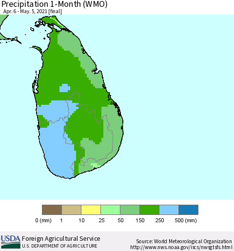 Sri Lanka Precipitation 1-Month (WMO) Thematic Map For 4/6/2021 - 5/5/2021