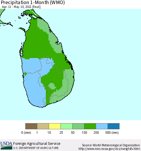 Sri Lanka Precipitation 1-Month (WMO) Thematic Map For 4/11/2021 - 5/10/2021