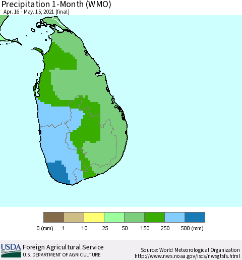 Sri Lanka Precipitation 1-Month (WMO) Thematic Map For 4/16/2021 - 5/15/2021