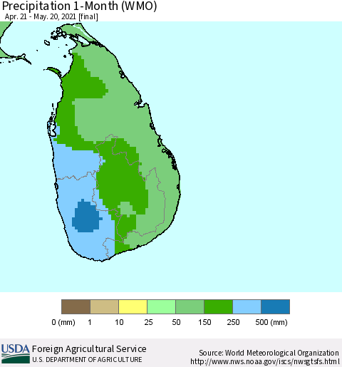 Sri Lanka Precipitation 1-Month (WMO) Thematic Map For 4/21/2021 - 5/20/2021