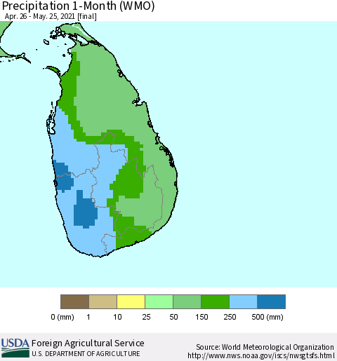 Sri Lanka Precipitation 1-Month (WMO) Thematic Map For 4/26/2021 - 5/25/2021