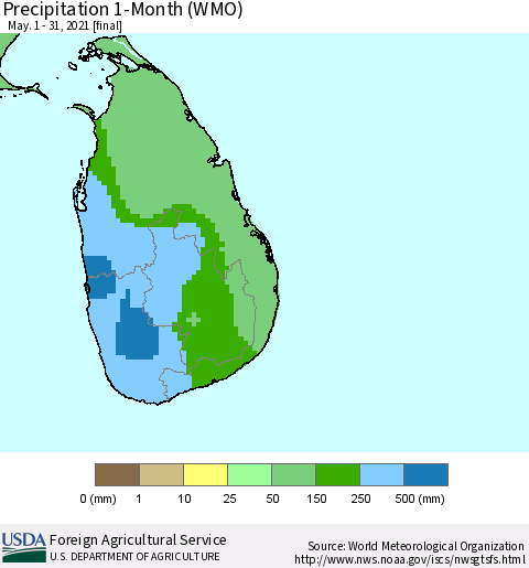 Sri Lanka Precipitation 1-Month (WMO) Thematic Map For 5/1/2021 - 5/31/2021