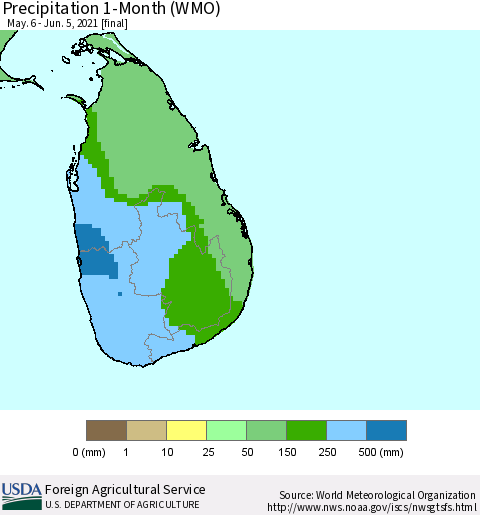 Sri Lanka Precipitation 1-Month (WMO) Thematic Map For 5/6/2021 - 6/5/2021