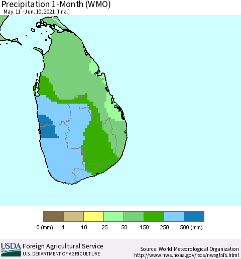 Sri Lanka Precipitation 1-Month (WMO) Thematic Map For 5/11/2021 - 6/10/2021