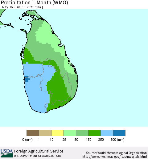 Sri Lanka Precipitation 1-Month (WMO) Thematic Map For 5/16/2021 - 6/15/2021