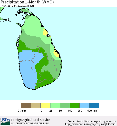 Sri Lanka Precipitation 1-Month (WMO) Thematic Map For 5/21/2021 - 6/20/2021