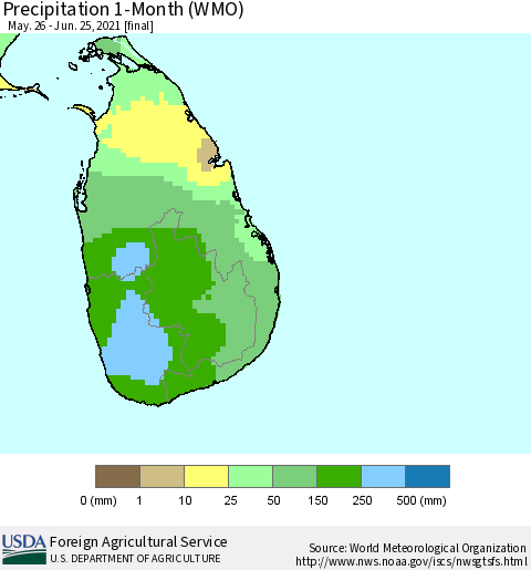 Sri Lanka Precipitation 1-Month (WMO) Thematic Map For 5/26/2021 - 6/25/2021
