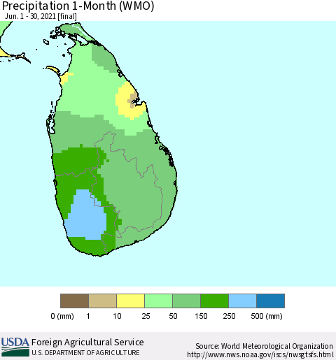 Sri Lanka Precipitation 1-Month (WMO) Thematic Map For 6/1/2021 - 6/30/2021