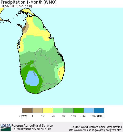 Sri Lanka Precipitation 1-Month (WMO) Thematic Map For 6/6/2021 - 7/5/2021