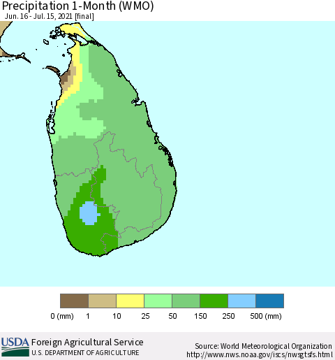 Sri Lanka Precipitation 1-Month (WMO) Thematic Map For 6/16/2021 - 7/15/2021