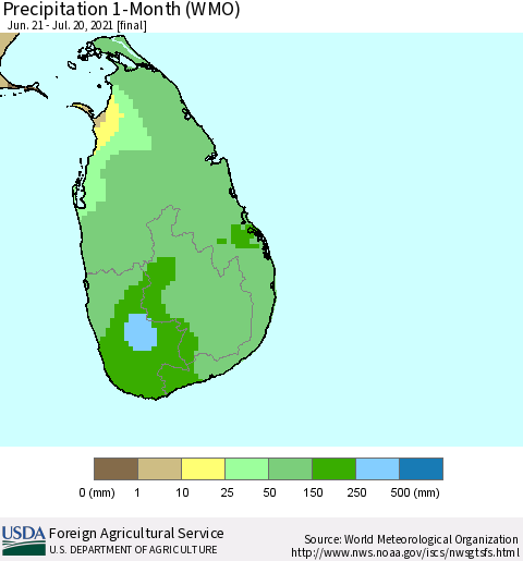 Sri Lanka Precipitation 1-Month (WMO) Thematic Map For 6/21/2021 - 7/20/2021