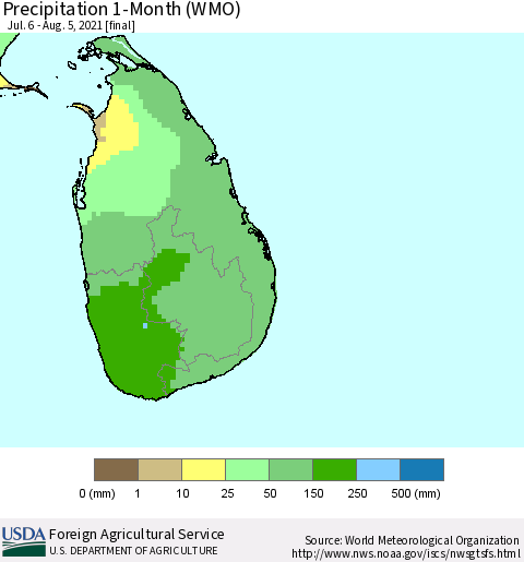Sri Lanka Precipitation 1-Month (WMO) Thematic Map For 7/6/2021 - 8/5/2021