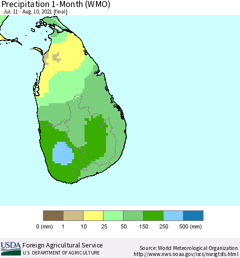 Sri Lanka Precipitation 1-Month (WMO) Thematic Map For 7/11/2021 - 8/10/2021