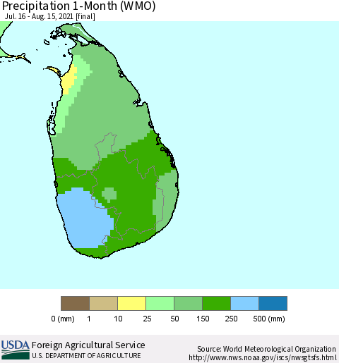 Sri Lanka Precipitation 1-Month (WMO) Thematic Map For 7/16/2021 - 8/15/2021