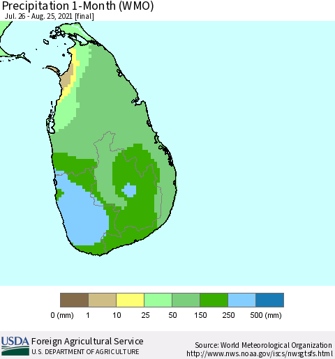 Sri Lanka Precipitation 1-Month (WMO) Thematic Map For 7/26/2021 - 8/25/2021