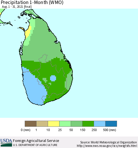 Sri Lanka Precipitation 1-Month (WMO) Thematic Map For 8/1/2021 - 8/31/2021