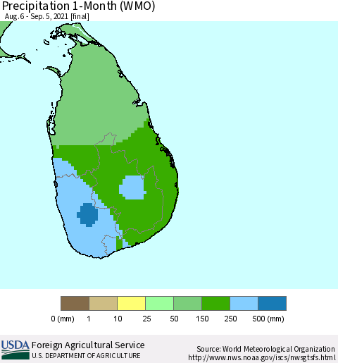Sri Lanka Precipitation 1-Month (WMO) Thematic Map For 8/6/2021 - 9/5/2021