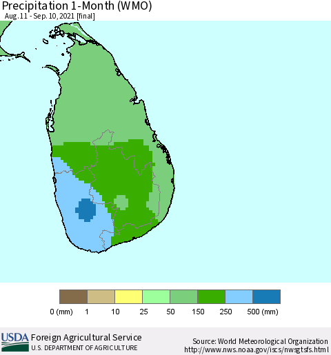 Sri Lanka Precipitation 1-Month (WMO) Thematic Map For 8/11/2021 - 9/10/2021
