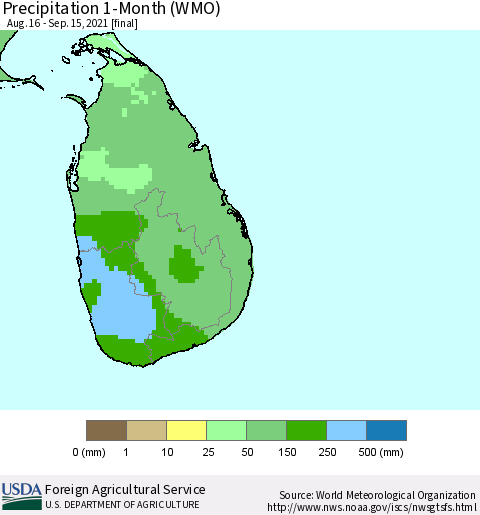 Sri Lanka Precipitation 1-Month (WMO) Thematic Map For 8/16/2021 - 9/15/2021