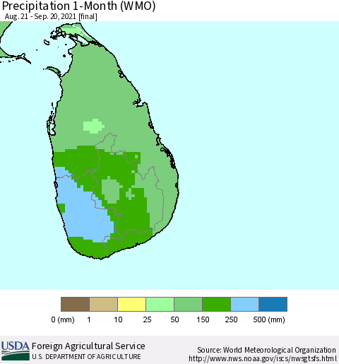 Sri Lanka Precipitation 1-Month (WMO) Thematic Map For 8/21/2021 - 9/20/2021