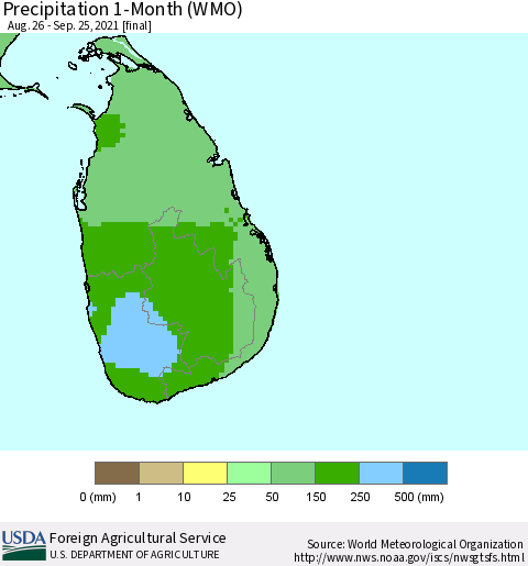 Sri Lanka Precipitation 1-Month (WMO) Thematic Map For 8/26/2021 - 9/25/2021