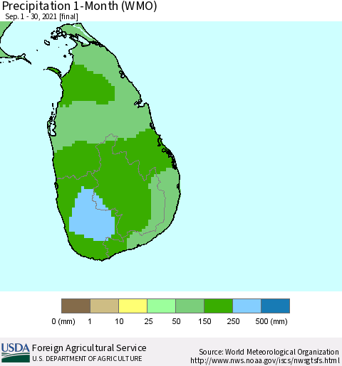 Sri Lanka Precipitation 1-Month (WMO) Thematic Map For 9/1/2021 - 9/30/2021