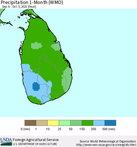 Sri Lanka Precipitation 1-Month (WMO) Thematic Map For 9/6/2021 - 10/5/2021
