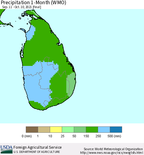 Sri Lanka Precipitation 1-Month (WMO) Thematic Map For 9/11/2021 - 10/10/2021