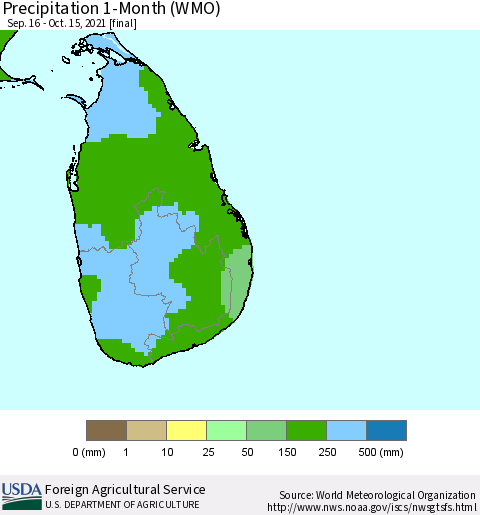 Sri Lanka Precipitation 1-Month (WMO) Thematic Map For 9/16/2021 - 10/15/2021