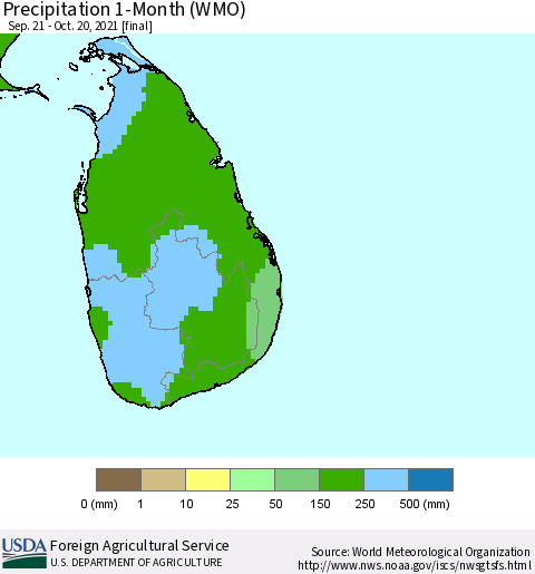 Sri Lanka Precipitation 1-Month (WMO) Thematic Map For 9/21/2021 - 10/20/2021
