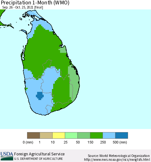 Sri Lanka Precipitation 1-Month (WMO) Thematic Map For 9/26/2021 - 10/25/2021