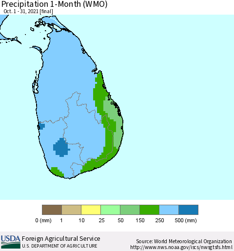 Sri Lanka Precipitation 1-Month (WMO) Thematic Map For 10/1/2021 - 10/31/2021