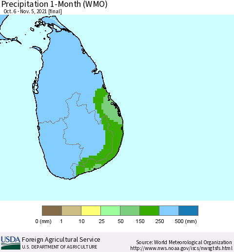 Sri Lanka Precipitation 1-Month (WMO) Thematic Map For 10/6/2021 - 11/5/2021