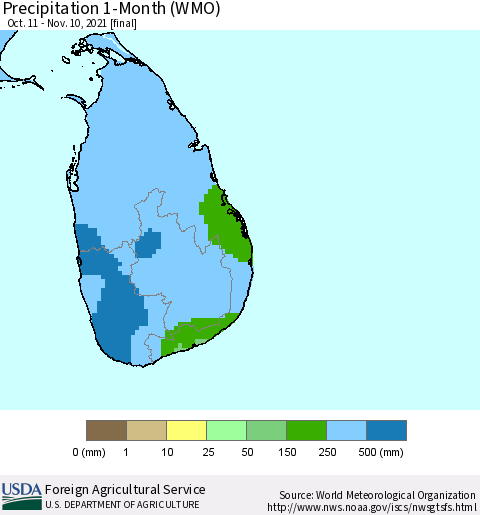 Sri Lanka Precipitation 1-Month (WMO) Thematic Map For 10/11/2021 - 11/10/2021