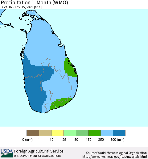 Sri Lanka Precipitation 1-Month (WMO) Thematic Map For 10/16/2021 - 11/15/2021