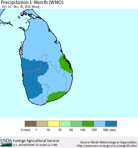 Sri Lanka Precipitation 1-Month (WMO) Thematic Map For 10/21/2021 - 11/20/2021