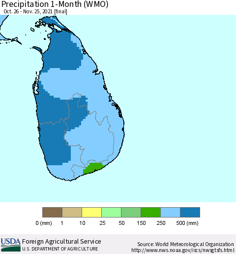 Sri Lanka Precipitation 1-Month (WMO) Thematic Map For 10/26/2021 - 11/25/2021