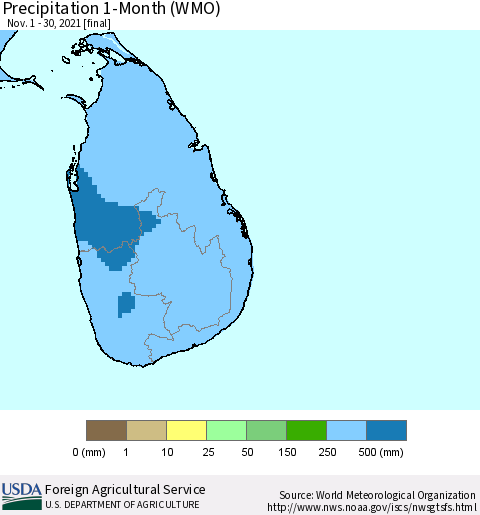 Sri Lanka Precipitation 1-Month (WMO) Thematic Map For 11/1/2021 - 11/30/2021