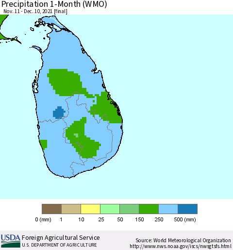 Sri Lanka Precipitation 1-Month (WMO) Thematic Map For 11/11/2021 - 12/10/2021