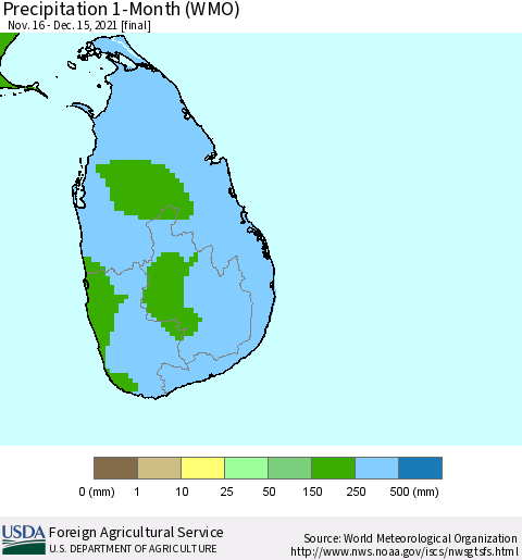 Sri Lanka Precipitation 1-Month (WMO) Thematic Map For 11/16/2021 - 12/15/2021