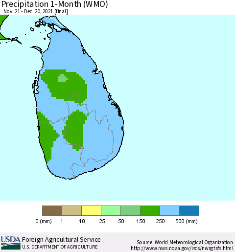 Sri Lanka Precipitation 1-Month (WMO) Thematic Map For 11/21/2021 - 12/20/2021