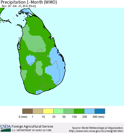 Sri Lanka Precipitation 1-Month (WMO) Thematic Map For 11/26/2021 - 12/25/2021