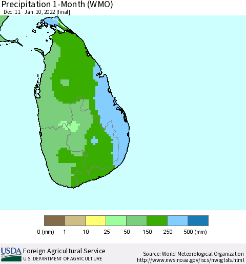 Sri Lanka Precipitation 1-Month (WMO) Thematic Map For 12/11/2021 - 1/10/2022