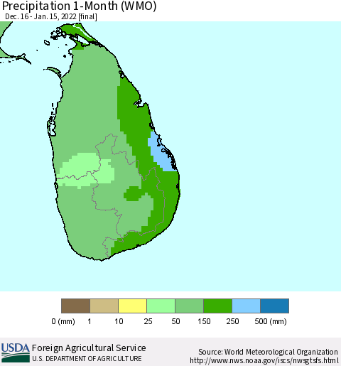 Sri Lanka Precipitation 1-Month (WMO) Thematic Map For 12/16/2021 - 1/15/2022