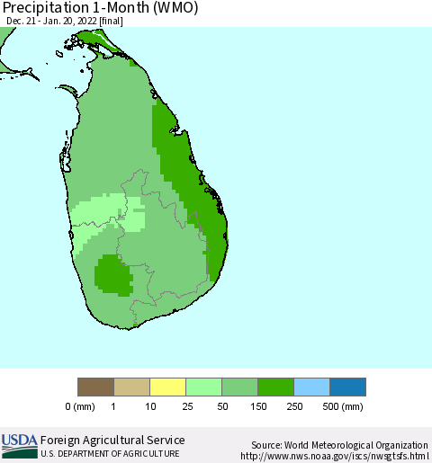 Sri Lanka Precipitation 1-Month (WMO) Thematic Map For 12/21/2021 - 1/20/2022