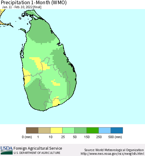 Sri Lanka Precipitation 1-Month (WMO) Thematic Map For 1/11/2022 - 2/10/2022