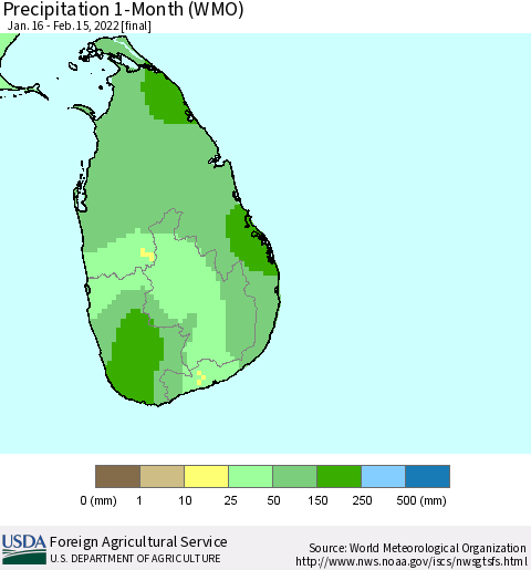 Sri Lanka Precipitation 1-Month (WMO) Thematic Map For 1/16/2022 - 2/15/2022