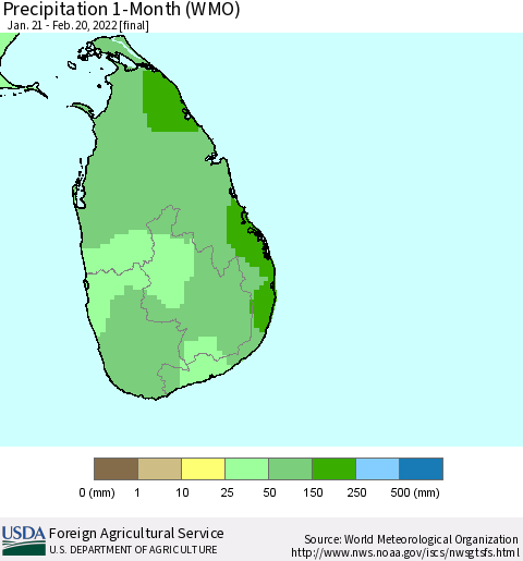 Sri Lanka Precipitation 1-Month (WMO) Thematic Map For 1/21/2022 - 2/20/2022
